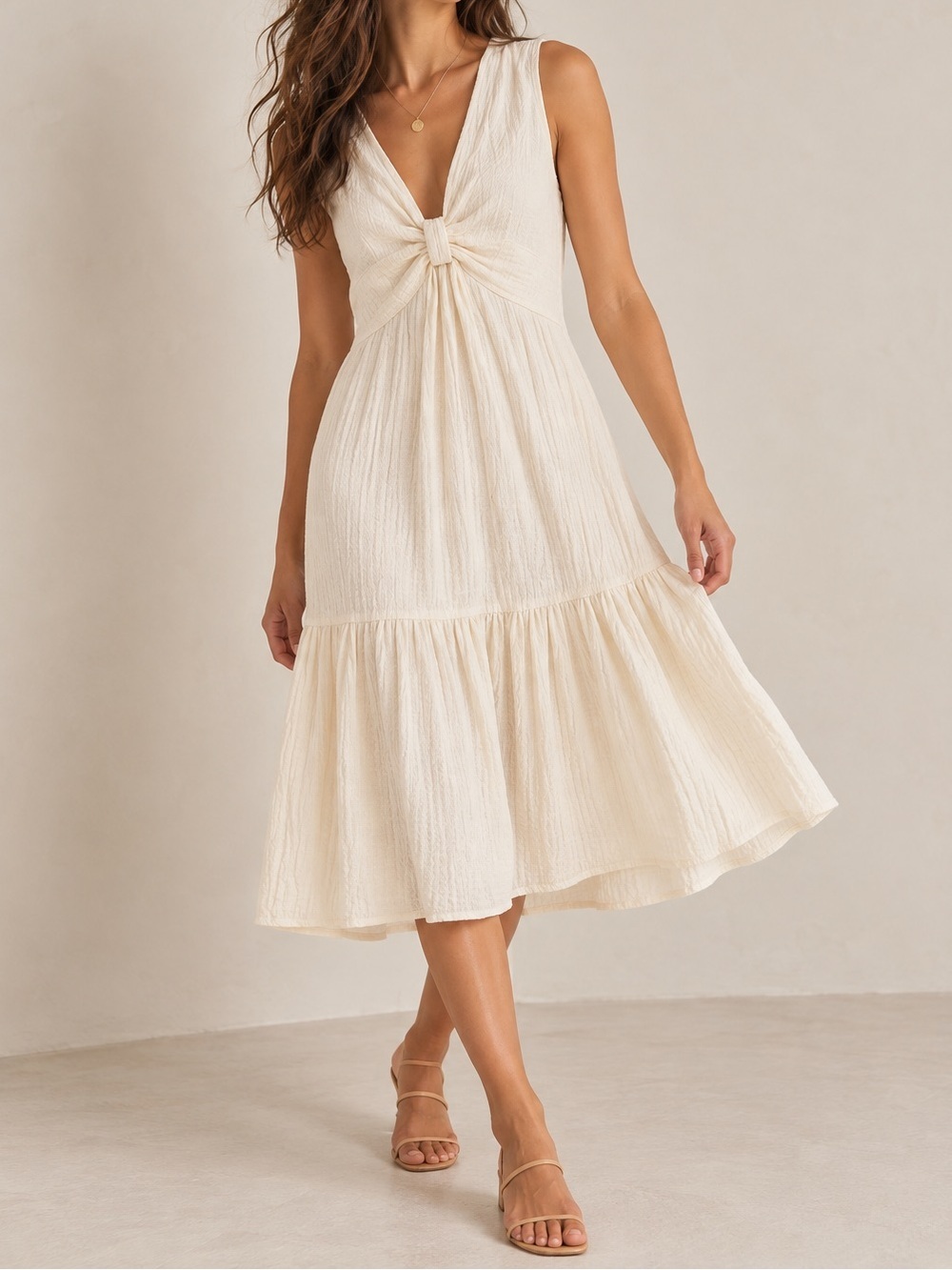 Calvin Klein Gauze Knot Front Midi Dress Cream White V-Neck Tiered Ruffle 4 NWT